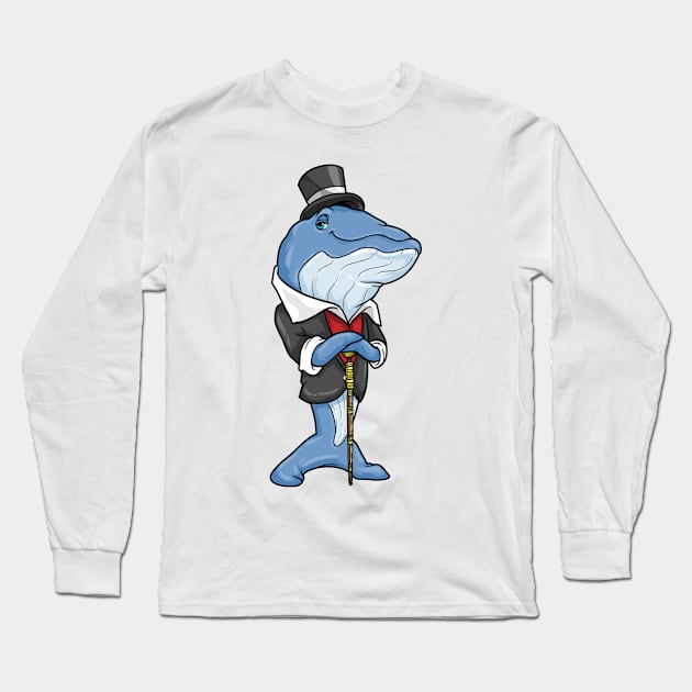 Whale as groom with jacket bow and walking stick Long Sleeve T-Shirt by Markus Schnabel